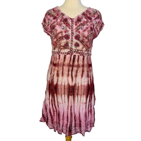 SUNDANCE Gemi Embroidered Floral Pink Tie Dye Boho Midi Dress Size XS NEW - Picture 3 of 12